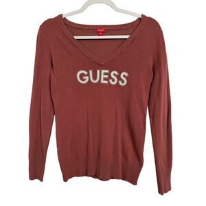 Guess Women's S Y2K Preppy Logo Silver Rhinestone V Neck Knit Pink Sweater
